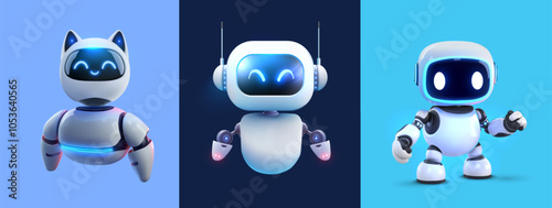 3D vector cartoon robots, each with unique designs and cheerful expressions. These robots are displayed against colorful backgrounds and showcase a futuristic, friendly look, ideal for technology.