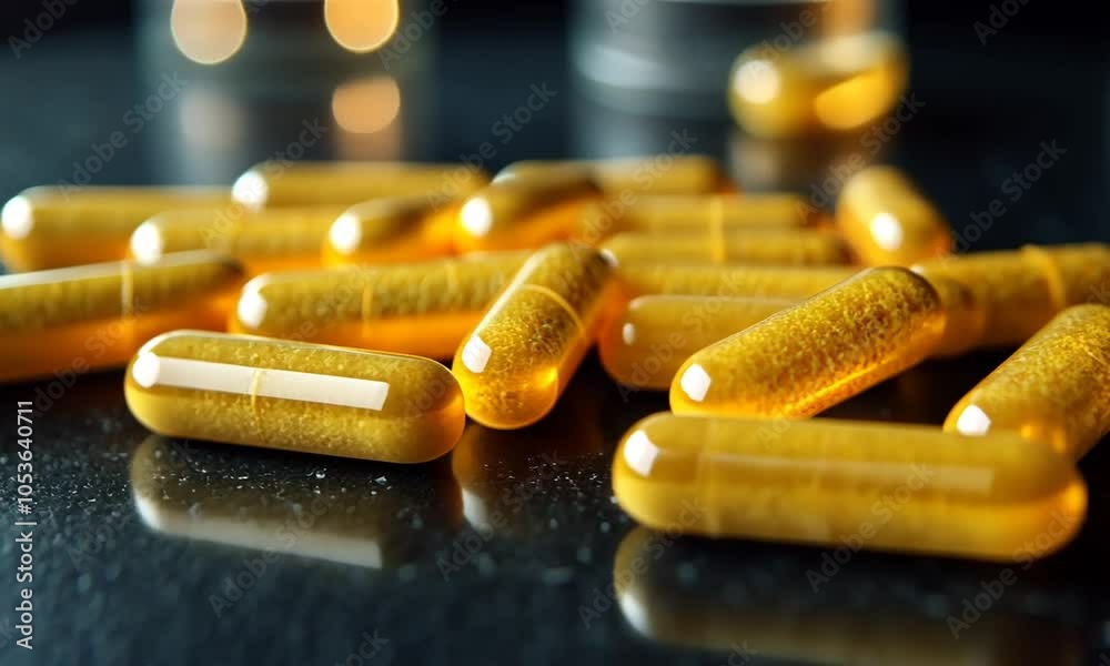 A close-up of yellow capsules on a reflective surface, likely dietary supplements or medication.