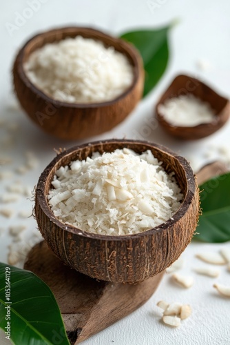 Coconut flakes in wooden bowl closeup view