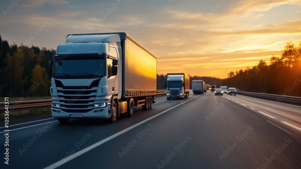 Fast Fleet of Trucks on Open Highway at Sunset