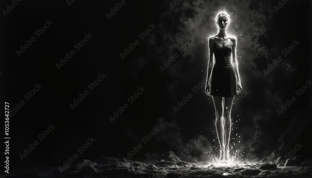 Obraz premium Ethereal silhouette of a woman illuminated by soft light in dark background