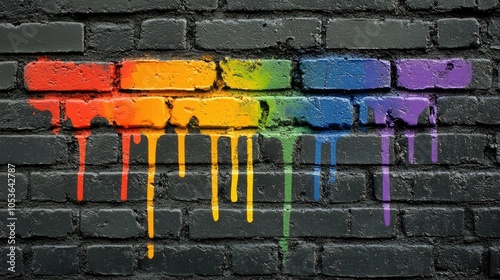 Colorful Dripping Paint on Brick Wall Surface photo