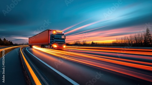 Fast Truck on Highway at Sunset photo