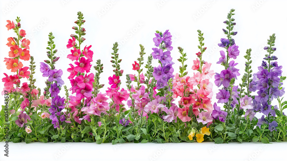 A row of flowers with a variety of colors including pink, purple, and yellow A row of flowers with a variety of colors including pink, purple, and yellow