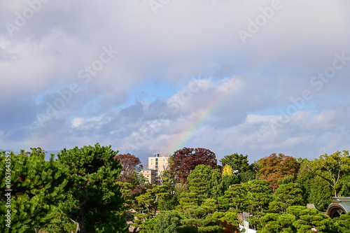 Rainbow on the sky from the view of nijo jo castle, Kyoto, Japan. World Heritage Site. Major tourist attraction in Kansai region in Japan. Japan famous historic architecture. Nature scene. photo