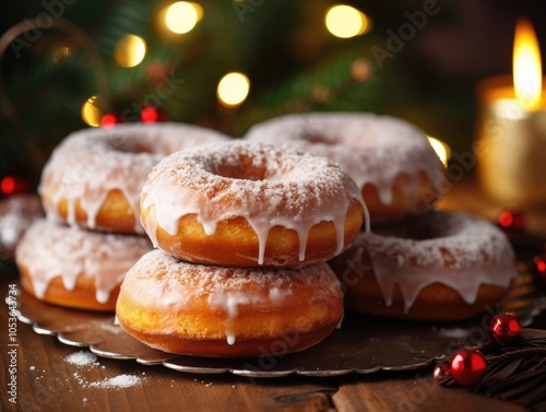 Warm Holiday Decor with Glazed Donuts on Wooden Table, Christmas Room and Festive Fireplace Setting