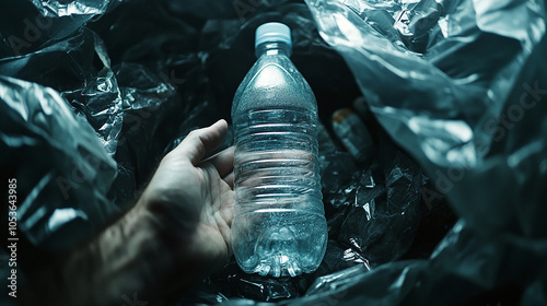 Disposing of Unlabeled Plastic Bottle in Trash Bag photo