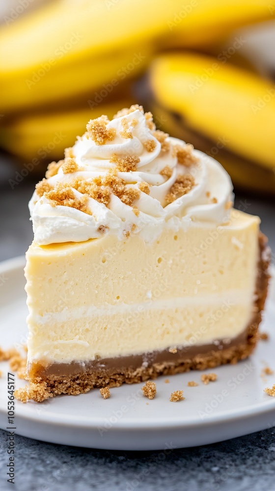 A slice of banana cream cheesecake with a graham cracker crust and whipped cream topping. A slice of banana cream cheesecake with a graham cracker crust and whipped cream topping.