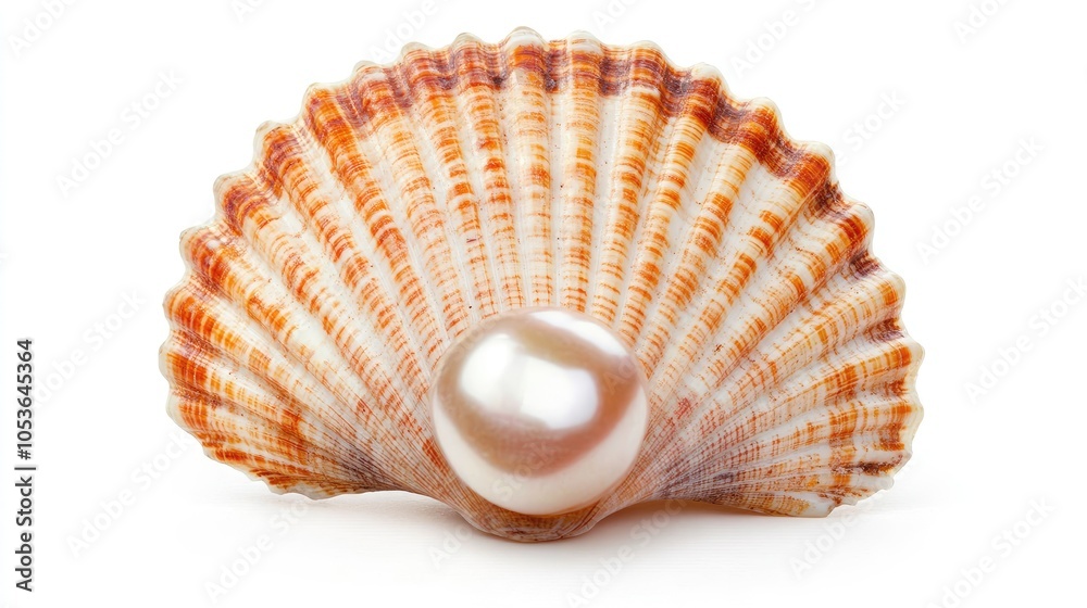 Obraz premium A single pearl shining from inside a seashell, isolated on a white background, representing beauty and rarity.
