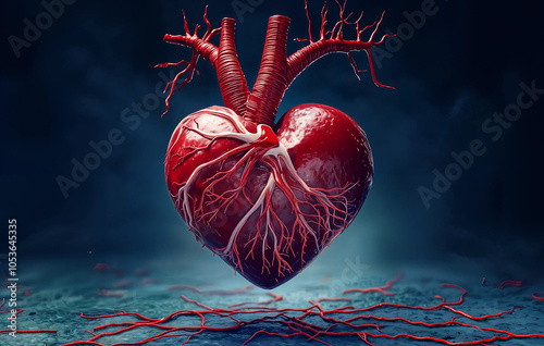 a vividly colored, three-dimensional rendering of a human heart, floating above a blue background with red vein details, suggesting a medical or anatomical context. photo