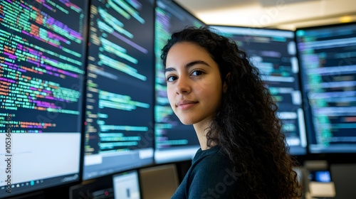 Portrait of a young female programmer or software engineer intently monitoring multiple large computer screens displaying lines of complex programming language code in a high-tech monitoring or data