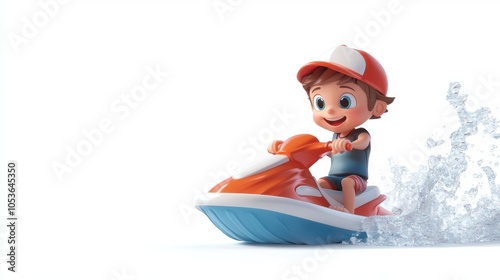 Cartoon character riding jetski in water. Summer tropical sports.