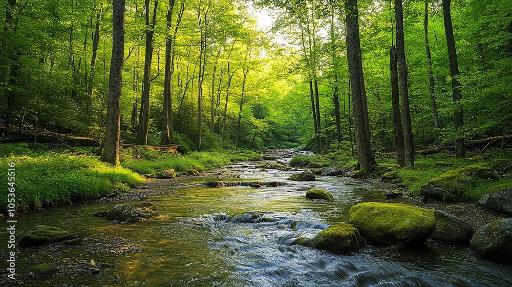 Obraz premium Serene Forest Stream Flowing Through Lush Greenery 