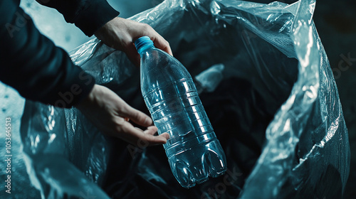 Disposing of Unlabeled Plastic Bottle in Trash Bag photo