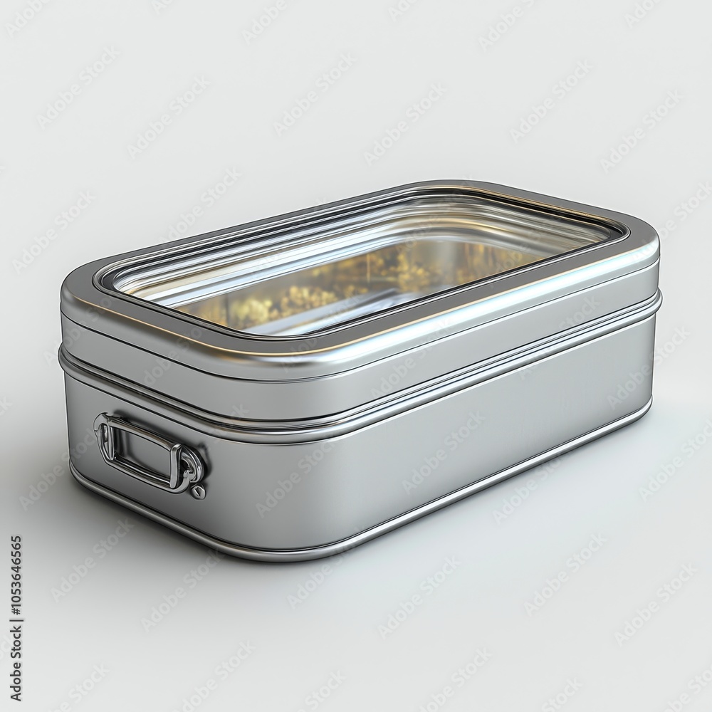 Sleek metal lunch box with transparent lid on neutral background Sleek metal lunch box with transparent lid on neutral background