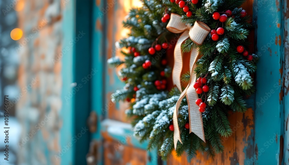 Fototapeta premium A stunning evergreen garland adorned with vibrant red berries and a luxurious bow, elegantly draped on a rustic wooden door, with soft snow gently accumulating at the base, embodying seasonal charm