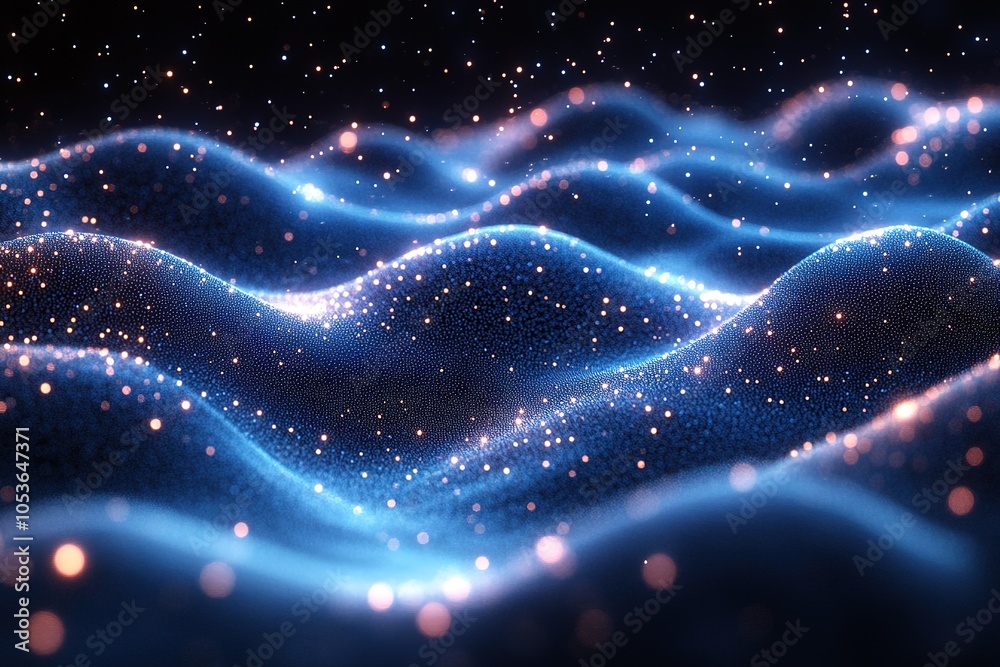 Fototapeta premium Abstract blue and orange glowing waves of particles.
