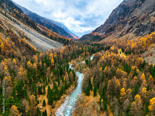 Aerial View of autumn Colors in Val Roseg with Turquoise River Swiss Alps, Pontresina, Canton of Graubunden, Oberengadin, Switzerland photo