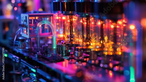 The working process of a quantum computer featuring illuminated bits and logic gates
