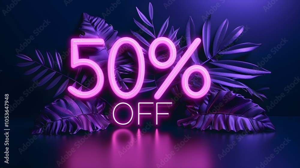 Dark Purple '50% OFF' Neon Sign on an elegant Dark Background
