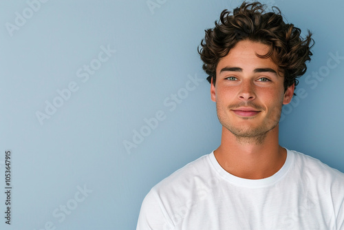 Young man with curly hair smiles against a light blue background, showcasing a casual and cheerful demeanor in a relaxed indoor setting