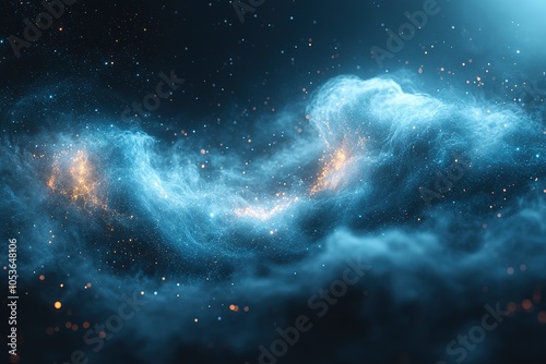 Abstract blue and orange nebula with glowing dust particles.