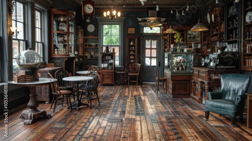 Cozy Vintage Cafe Interior with Rustic Wooden Furnishings and Antique Decor