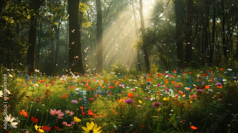 Fototapeta premium Enchanted forest clearing with wildflowers and soft rays of sunlight