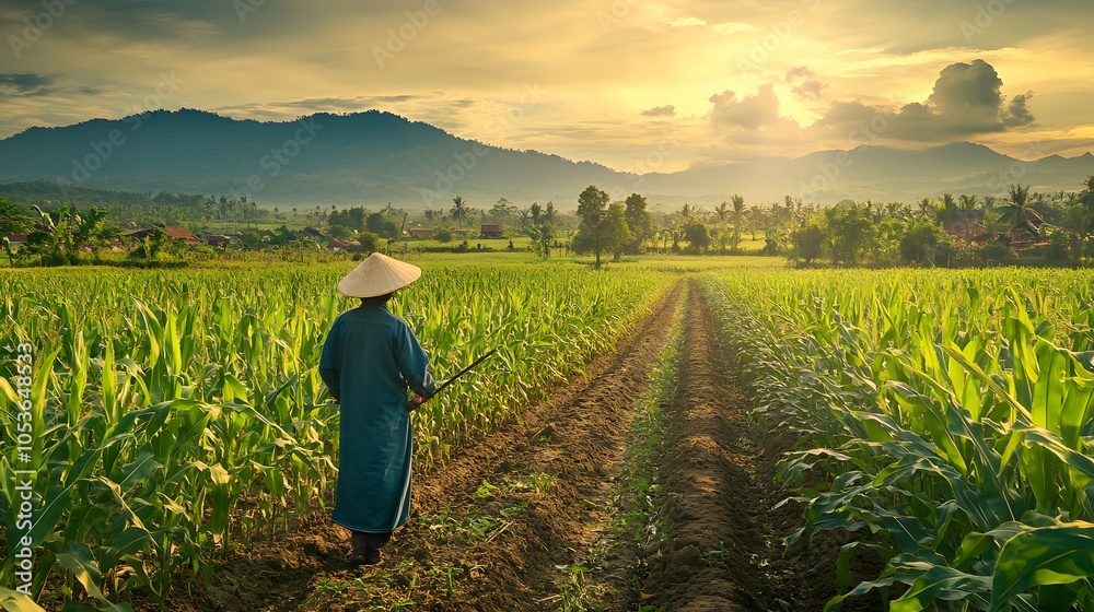 Fototapeta premium Farmer hoeing corn field from weed. 