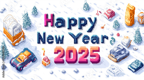 Pixel Winter: A retro-gaming inspired New Year 2025 in snowy isometric art photo