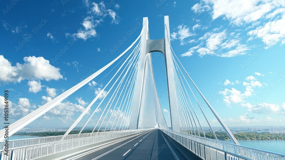 Fototapeta premium A modern cable-stayed bridge with a clear blue sky, showcasing engineering and transportation.