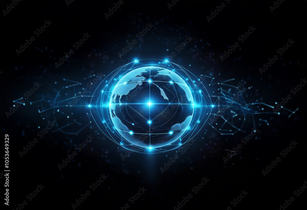 Obraz premium A glowing blue globe with a network of lines and points on a black background, suggesting global connection and digital technology.