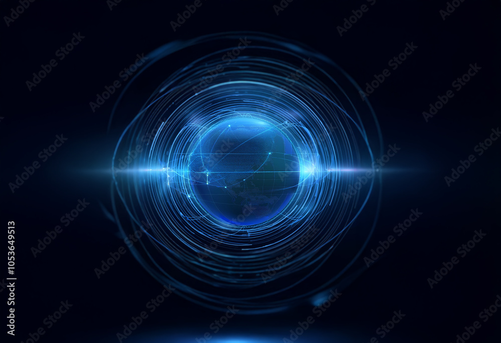 Fototapeta premium A glowing blue orb surrounded by concentric rings of light against a dark background.