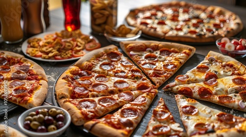 Pepperoni Pizza Slices with Appetizers, Soft Drinks, and Assorted Toppings on Rustic Table photo