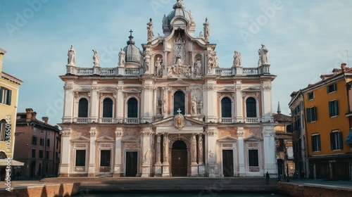 A grand architectural building with intricate details and statues, set beside a canal.