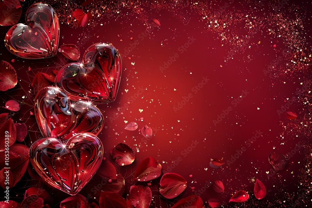 Romantic red background with glass hearts, rose petals and golden glitter.