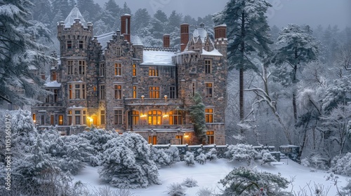 Majestic Gothic Castle in Snowy Forest with Warm Lights photo