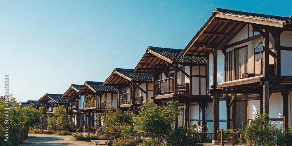 Fototapeta premium A row of traditional-style houses with wooden structures and balconies under a clear blue sky.