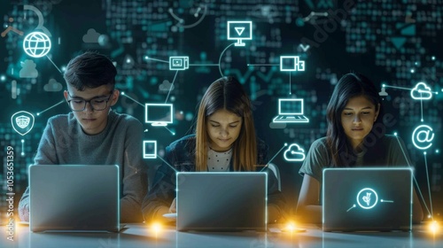 Focused Teenagers Engaged in Coding on Laptops with Futuristic Digital Network Icons