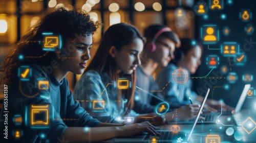Group of Focused Young Programmers Working on Laptops with Digital Technology Icons