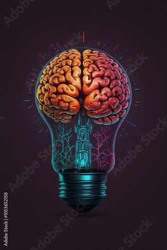 Bright Colorful Illustration of a Light Bulb with a Brain Inside, Symbolizing Creativity and Ideas in Education