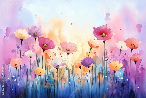 Colorful Watercolor Wildflowers in Dreamy Sky Scene