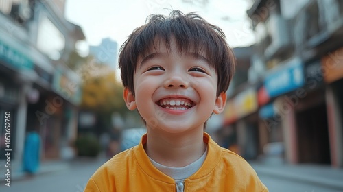 Young Chinese boy with a trendy haircut and a joyful smile.