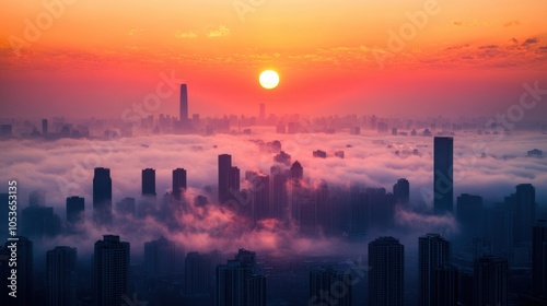 Foggy cityscape at sunset, muted skyscrapers shrouded in haze, warm hues blending with urban pollution, a tranquil yet eerie atmosphere