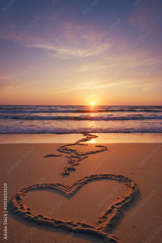 Delicate Hearts Drawn on Golden Sand of the Beach During a Magical Sunset. Romantic Path of Hearts on the Sandy Shore, Illuminated by the Soft Light of the Evening Sun.