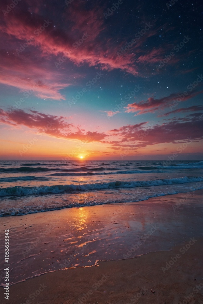 Fototapeta premium Magical Sunset: Soft Pink and Blue Tones Over the Ocean, Shimmering in Rainbow Colors. Pastel Sunset on a Stunning Beach: A Garment of Amazing Beauty in Pink and Blue Shades