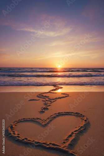 Obraz na płótnie Delicate Hearts Drawn on Golden Sand of the Beach During a Magical Sunset. Romantic Path of Hearts on the Sandy Shore, Illuminated by the Soft Light of the Evening Sun. w salonie