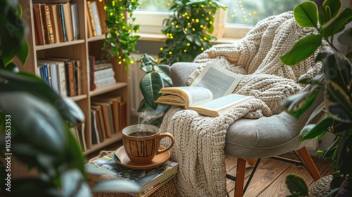 Cozy reading nook with a warm blanket, book, and cup of hot coffee photo