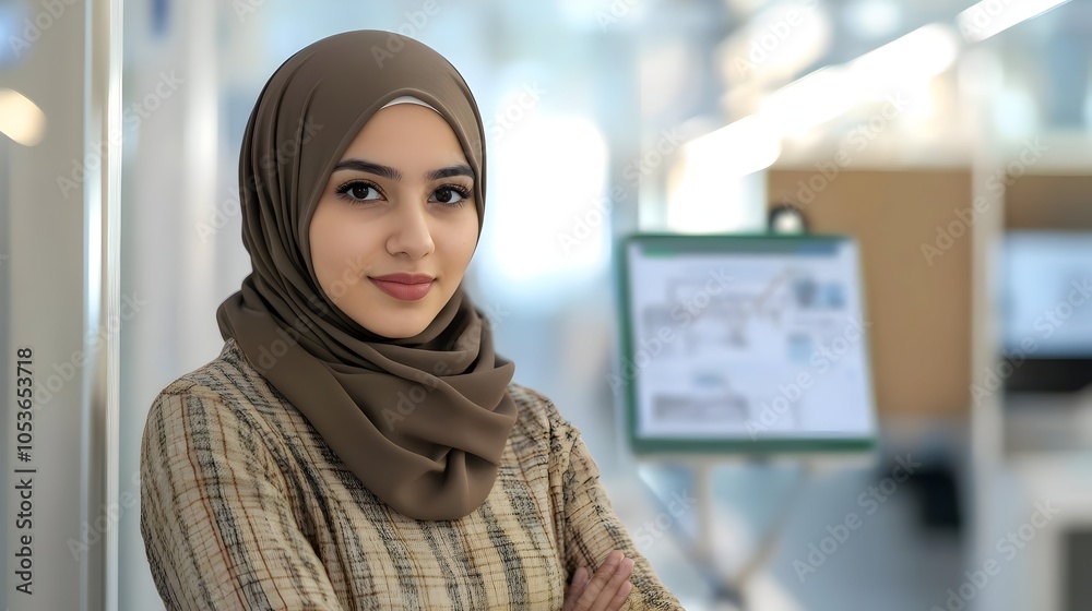 Confident and Empowered Muslim Female Entrepreneur Wearing Hijab Intently Works on an Engineering Project in a Modern Digital Workspace,Showcasing Her Talent and Ambition in the Tech Industry. Confident and Empowered Muslim Female Entrepreneur Wearing Hijab Intently Works on an Engineering Project in a Modern Digital Workspace,Showcasing Her Talent and Ambition in the Tech Industry.