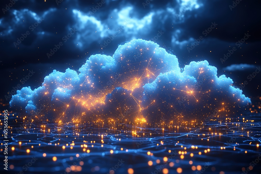 Obraz premium Abstract cloud with glowing lights and digital network.